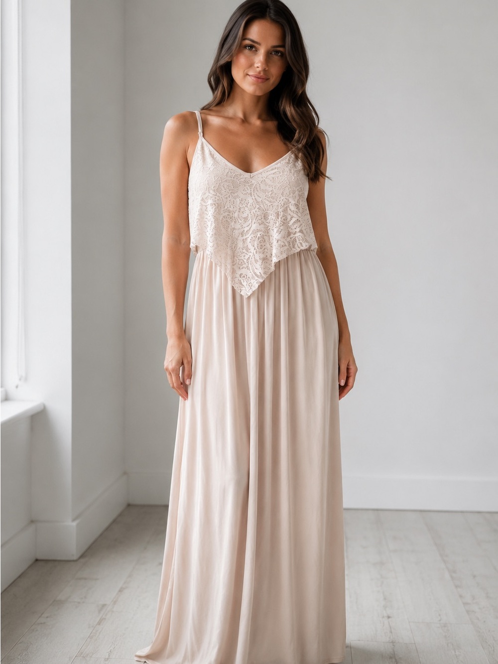 Miss Selfridge Cream Lace-Trim Maxi Slip Dress
